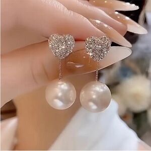 Crystal Heart Drop Earrings with White Pearl Dangles